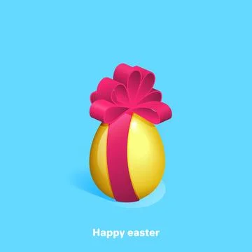 Golden easter egg with a big pink bow on a blue background, isometric image 스톡 일러스트
