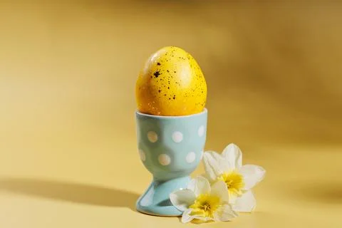 Golden Easter egg with daffodils on yellow pastel background Fotos Stock