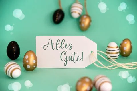 Golden Easter Egg Decoration. Label With Alles Gute Means Best Wishes Stock Photos