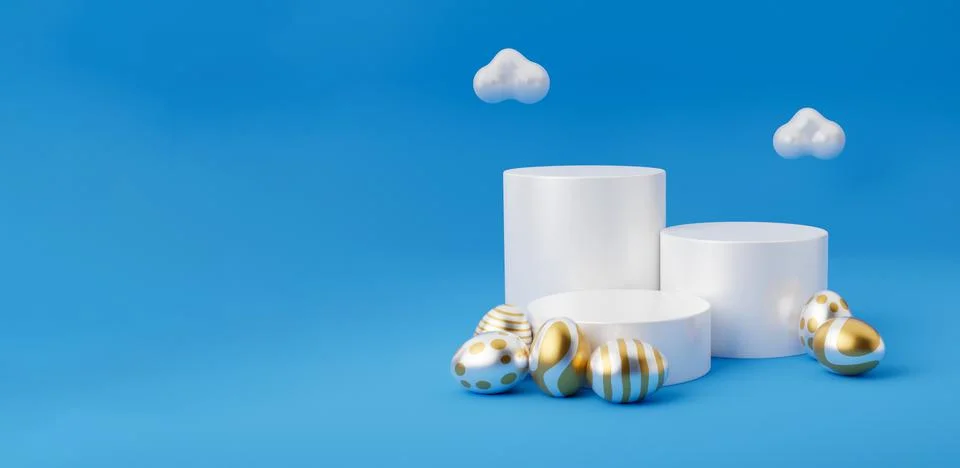 Golden Easter egg with empty podium 3d render illustration blue background. h イラスト素材