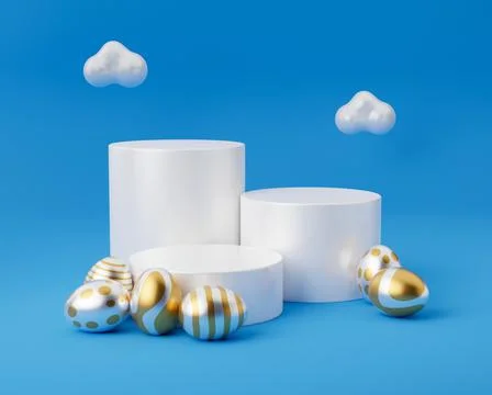 Golden Easter egg with empty podium 3d render illustration blue background. h Stock Illustration