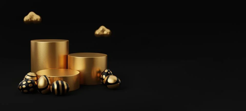 Golden Easter egg with empty podium 3d render illustration black background.  Illustrazione stock