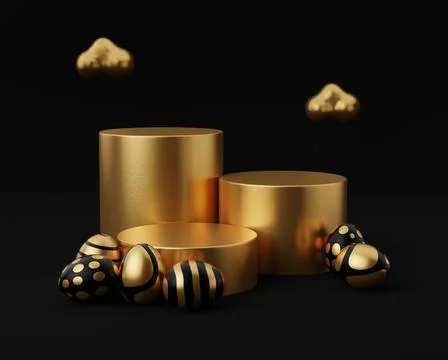 Golden Easter egg with empty podium 3d render illustration black background.  Stock Illustration