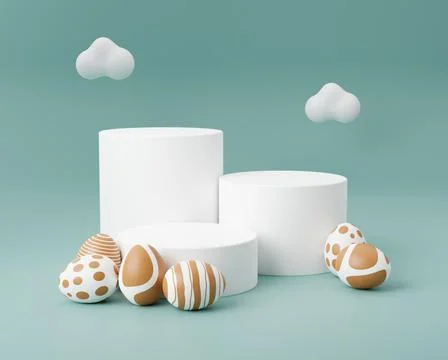 Golden Easter egg with empty podium 3d render illustration green background.  Stock Illustration