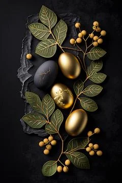 Golden easter egg. Golden and black eggs decoration. Easter decoration イラスト素材