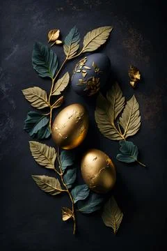 Golden easter egg. Golden and black eggs decoration. Easter decoration 스톡 일러스트