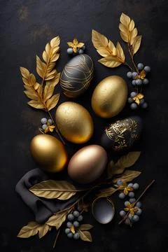 Golden easter egg. Golden and black eggs decoration. Easter decoration Stock Illustration