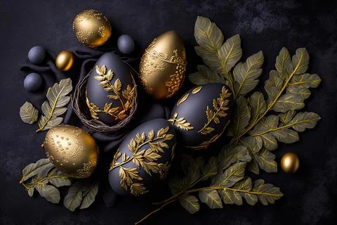 Golden easter egg. Golden and black eggs decoration. Easter decoration Illustrazione stock
