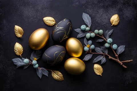 Golden easter egg. Golden and black eggs decoration. Easter decoration Illustrazione stock
