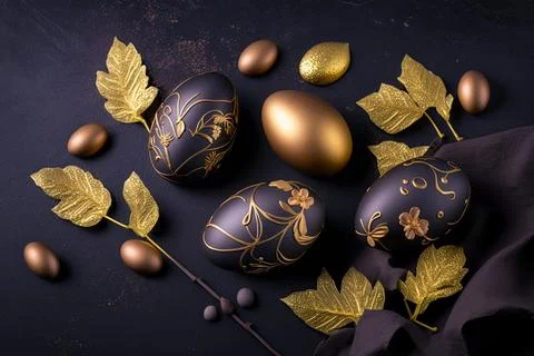Golden easter egg. Golden and black eggs decoration. Easter decoration 스톡 일러스트