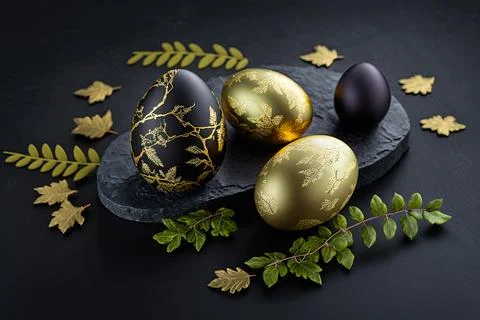 Golden easter egg. Golden and black eggs decoration. Easter decoration Stock Illustration