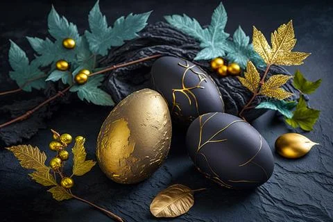 Golden easter egg. Golden and black eggs decoration. Easter decoration Stock Illustration