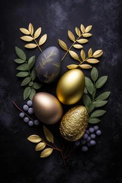 Golden easter egg. Golden and black eggs decoration. Easter decoration 스톡 일러스트
