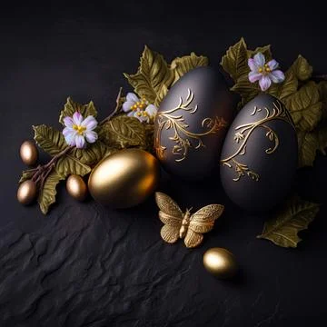 Golden easter egg. Golden and black eggs decoration. Easter decoration Stock Illustration