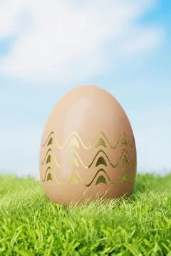 Golden Easter egg lies in the grass. 3d render. Stock Illustration