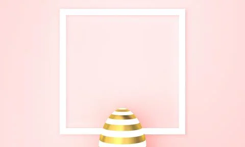 Golden Easter egg on pink pastel background, white frame with space for text. 3D Stock Illustration
