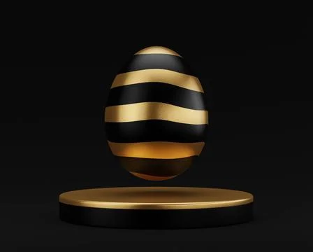 Golden Easter egg on podium 3d render illustration black background. happy ea Illustrazione stock