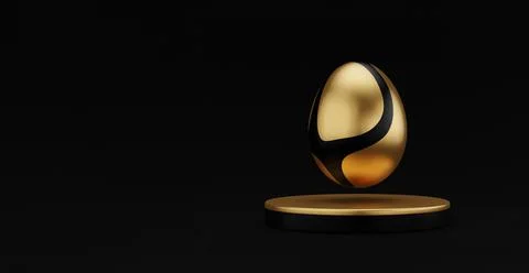Golden Easter egg on podium 3d render illustration black background. happy ea 스톡 일러스트