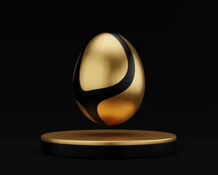 Golden Easter egg on podium 3d render illustration black background. happy ea Stock Illustration