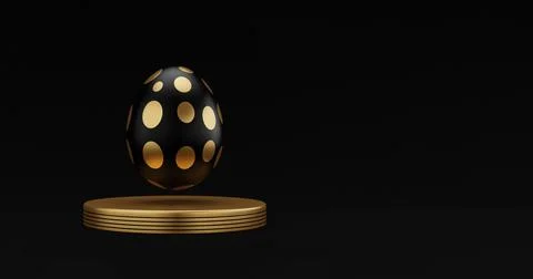 Golden Easter egg on podium 3d render illustration black background. happy ea Stock Illustration