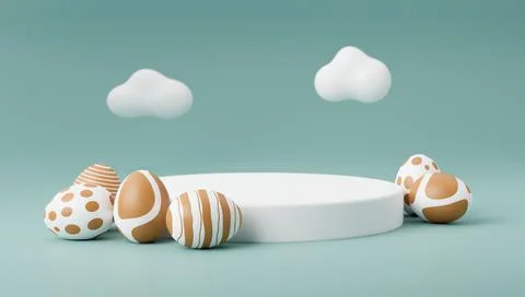 Golden Easter egg on podium 3d render illustration green background. happy ea 스톡 일러스트