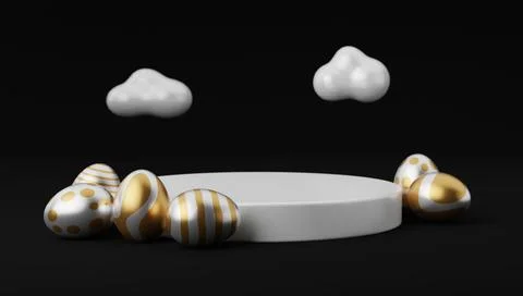 Golden Easter egg on podium with cloud 3d render illustration. happy easter d Illustrazione stock