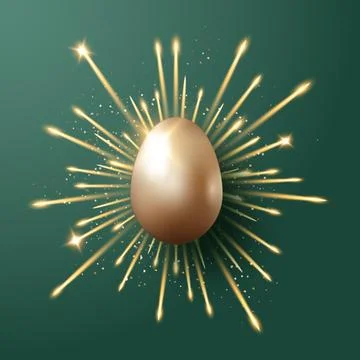 Golden Easter egg with radiant firework sparks on dark green background Stock Illustration