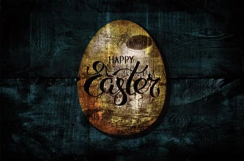 Golden easter egg shape on wooden boards. Dark grunge background. Happy easter Stock Illustration