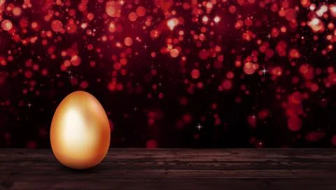 Golden easter egg on a wooden table on dark background with red bokeh Stock Illustration