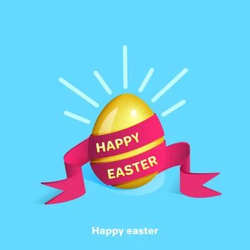 Golden easter egg wrapped in a pink ribbon with an inscription on a blue back Stock Illustration