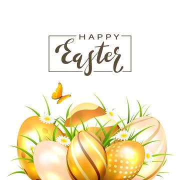 Golden Easter Eggs and Butterfly on White Background Stock Illustration
