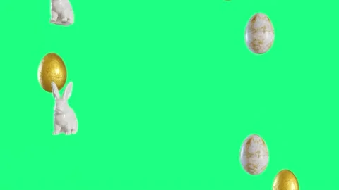 Golden Easter eggs and white bunnies falling down, green Chroma Key background Video stock 230130005