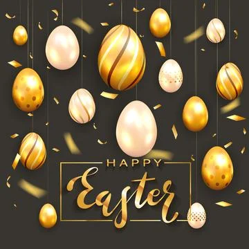 Golden Easter Eggs on Black Background with Confetti Stock Illustration