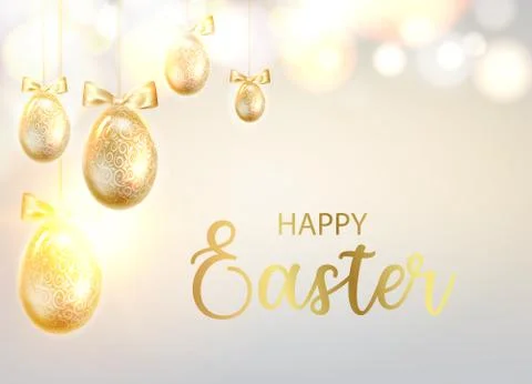 Golden Easter eggs with calligraphic text over blurred bokeh and gray background Stock Illustration
