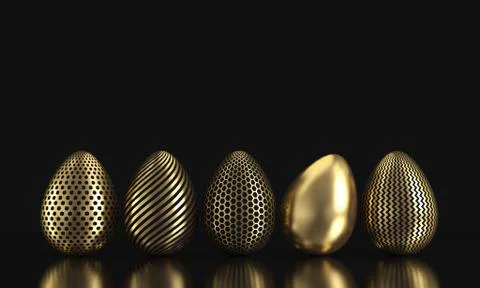 Golden easter eggs with dark paint on black background. 3d rendering Stock Illustration