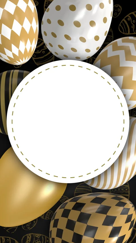 Golden Easter eggs with geometric patterns. Round white label frame for text. Stock Footage 305632510