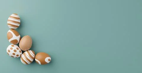 Golden easter eggs with gold pattern on a green background. 3d render illustr Stock Illustration