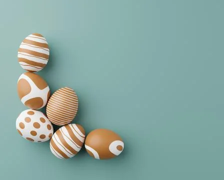 Golden easter eggs with gold pattern on a green background. 3d render illustr Stock Illustration