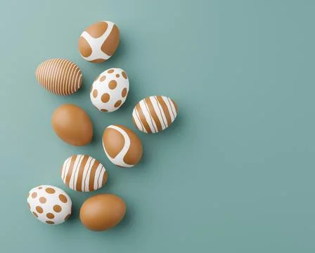 Golden easter eggs with gold pattern on a green background. 3d render illustr Stock Illustration