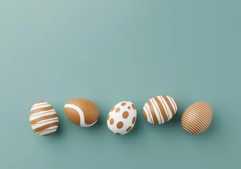 Golden easter eggs with gold pattern on a green background. 3d render illustr Stock Illustration