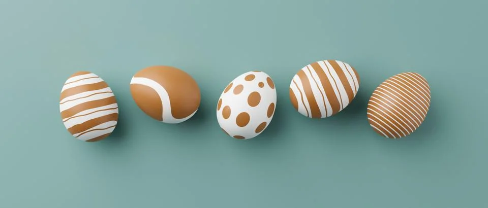 Golden easter eggs with gold pattern on a green background. 3d render illustr Stock Illustration