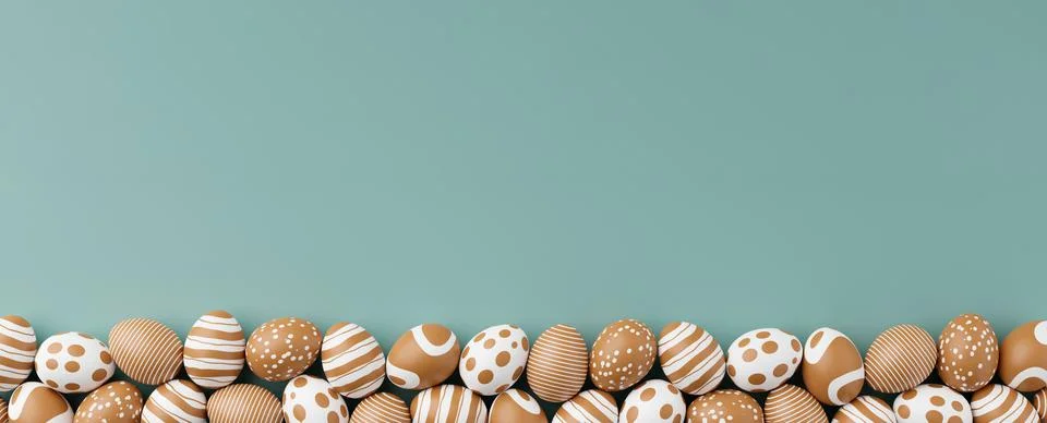 Golden easter eggs with gold pattern on a green background. 3d render illustr Stock Illustration