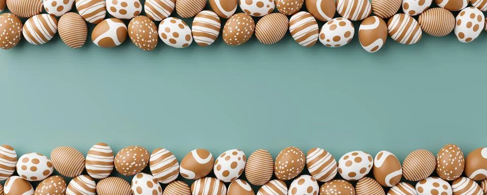 Golden easter eggs with gold pattern on a green background. 3d render illustr Stock Illustration