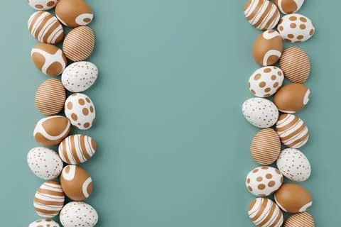 Golden easter eggs with gold pattern on a green background. 3d render illustr Stock Illustration