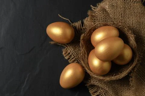 Golden easter eggs in nest bird on black 写真素材