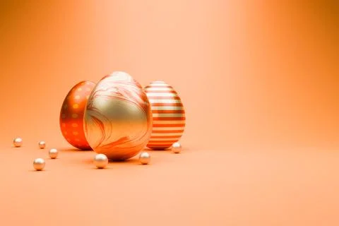 Golden Easter eggs on orange background 3D. Stock Illustration
