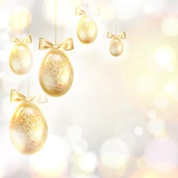 Golden Easter eggs over blurred bokeh and gray background. Stock Illustration