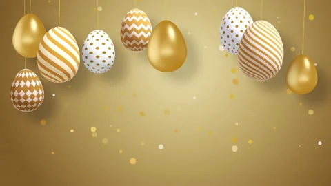 Golden Easter eggs with patterns hang on strings. Shiny gold particles Stock Footage 234005072
