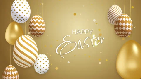 Golden Easter eggs with patterns hang on strings. Shiny gold particles Stock Footage 234688541