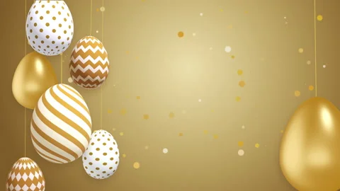 Golden Easter eggs with patterns hang on strings. Shiny gold particles Stock Footage 235451495